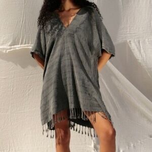 The Handloom Nomad Fringe Cover Up 100% Cotton Gray Kimono / Poncho One Size
